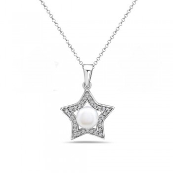 Sterling Silver PENDANT CLEAR Cubic Zirconia STAR+WHITE FRESH WATER PEARL