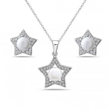 Sterling Silver Set Clear Cubic Zirconia Star+White Fresh Water Pearl