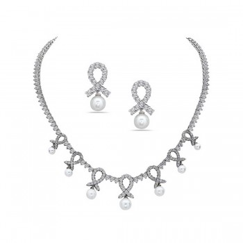 Sterling Silver Necklace+Earring Set Clear Cubic Zirconia with 7Pcs (6+7+8+10mm