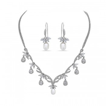 Sterling Silver Necklace+Earring Set Marquis Petals with 7 Oval Wh