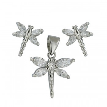 Sterling Silver Set Clear Cubic Zirconia Dragonfly--Rhodium Plating/Nickle Free--