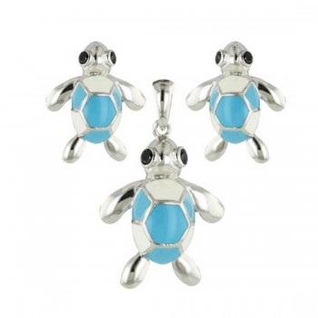 Sterling Silver Set Earring and Pendant Turquoise+White Enamel Turtle