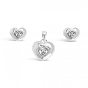 Sterling Silver Set Pendant+Earring 8-10mm Heart with Hs Clear Cubic Zirconia Earring+12-1