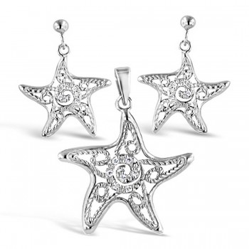 Sterling Silver Pendant of Starfish with Clear Cubic Zirconia