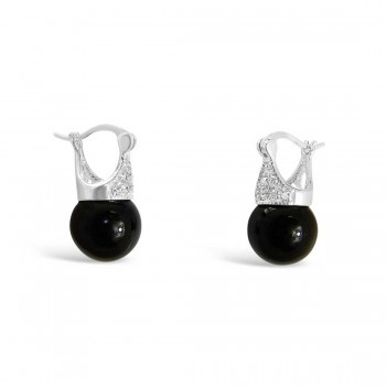 Sterling Silver Earrings 10mm Onyx Latch Ball with Cubic Zirconia