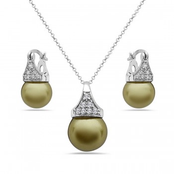 Sterling Silver Set Earring+Pendant 10mm Olive Latch Glass Pearl with Cubic Zirconia