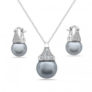 Sterling Silver Set Earring+Pendant 10mm Gray Glass Pearl with Cubic Zirconia