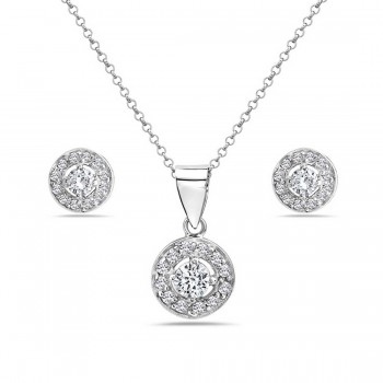 Sterling Silver Set Round Pendant and Stud Earring with Clear C