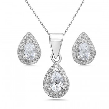 Sterling Silver Set of Pendant and Earring of Teardrop Clear Cubic Zirconia