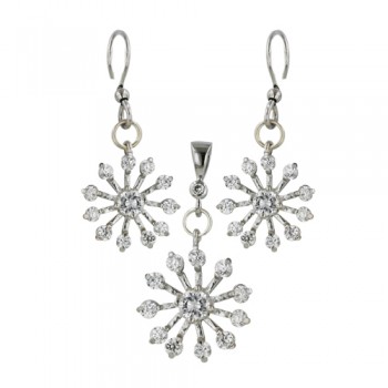 Sterling Silver Set Pendant 15-15mm+Earring 13-13mm Clear Cubic Zirconia Snowflake with