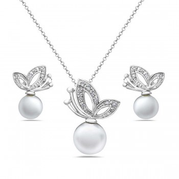 Sterling Silver Set Butterfly 8mm Faux Pearl with 1.4mm Clear Cubic Zirconia-10 E