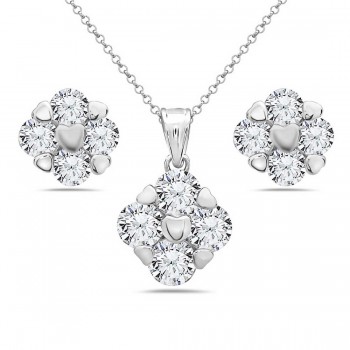 Sterling Silver Set 3.5mmcl Cubic Zirconia-4 Stud Earring+5.5mm Clear Cubic Zirconia-4 Pendant with