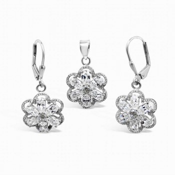 Sterling Silver Set 14.8mm Open 6 Petals Flower with Clear Cubic Zirconia Lever Bac