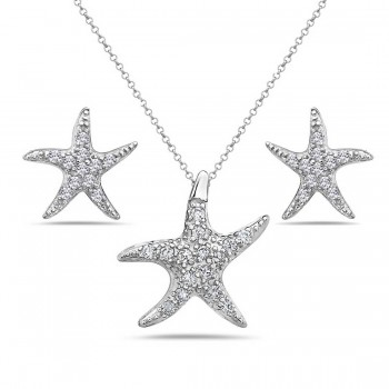 Sterling Silver Set Clear Cubic Zirconia Starfish