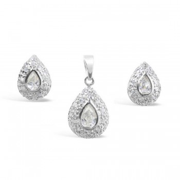 Sterling Silver Set Teardrop Dome Clear Cubic Zirconia Center Paved in Clear Cubic Zirconia