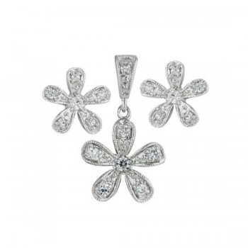 Sterling Silver Set Flower with Clear Cubic Zirconia