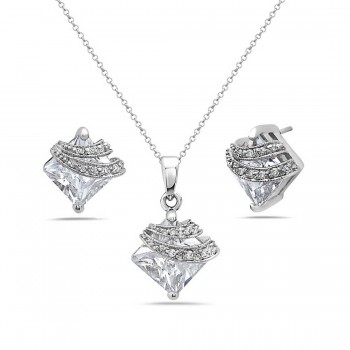 Sterling Silver Set Clear Cubic Zirconia Diamond Shape with Wrap Design