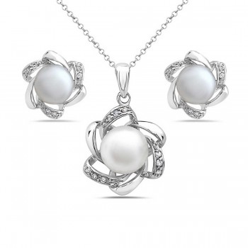 Sterling Silver Set Flower with Fresh Water Pearl Center Clear Cubic Zirconia on Side