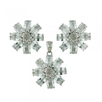 Sterling Silver Set of Earring, Pendant Clear Cubic Zirconia Flowers 8 Peta