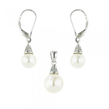Sterling Silver Set Round Faux Pearl Lever Back