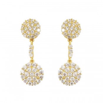 Sterling Silver Earring Clear Cubic Zirconia Paved Disk Dangle -Gold E-Coat-