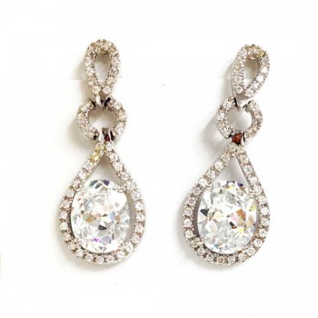 Sterling Silver Earring Clear Cubic Zirconia Tear Drop Dangle with Clear Oval Cubic Zirconia