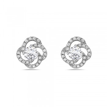 Sterling Silver Earring 6mm Clear Cubic Zirconia Stud with Clear Cubic Zirconia Loop -Rhodium Plating-