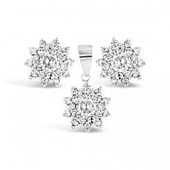 Sterling Silver Set Flower 5mm Clear Cubic Zirconia Center