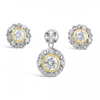 Sterling Silver Set Two Tone Filigree Dome with Clear Cubic Zirconia