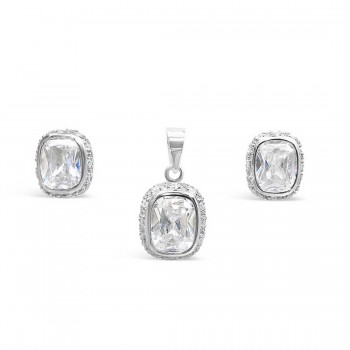 Sterling Silver Set Clear Cubic Zirconia Cushion on Clear Cubic Zirconia Paved Bezel