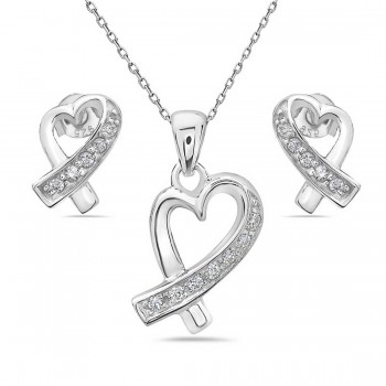 Sterling Silver Set Open Heart Ribbon with Clear Cubic Zirconia