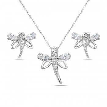 Sterling Silver Set Open Dragonfly Clear Cubic Zirconia Marquis Cubic Zirconia