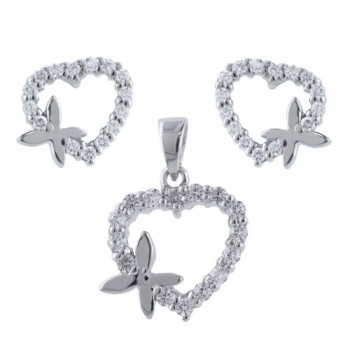 Sterling Silver Set Clear Cubic Zirconia Rhodium Plating Heart with Rhodium Plating Butterfly