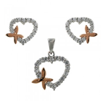 Sterling Silver Set Clear Cubic Zirconia Rhodium Plating Heart with Rose Gold Butterfly