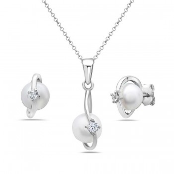 Sterling Silver Set White Mother of Pearl Pearl with Clear Cubic Zirconia