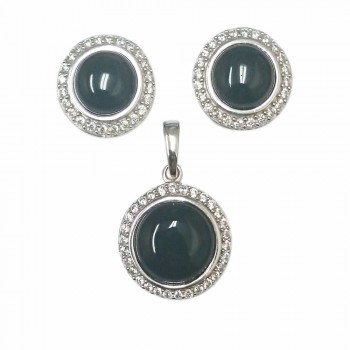 Sterling Silver Set 8mm Onyx with Clear Cubic Zirconia Around