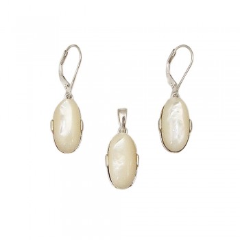 SS Set Oval Mop Earring And Pendant, White