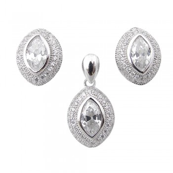 STERLING SILVER SET MARQUISE CLEAR CUBIC ZIRCONIA WITH CLEAR CUBIC ZIRCONIA PAVE AROUND