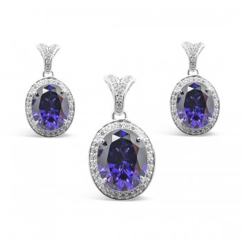 STERLING SILVER SET OVAL AMETHYST CUBIC ZIRCONIA +CLEAR CUBIC ZIRCONIA AROUND