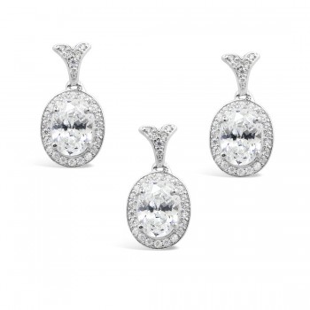 STERLING SILVER SET OVAL CLEAR+CLEAR CUBIC ZIRCONIA AROUND