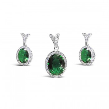 Sterling Silver Set Oval Emerald Glass +Clear Cubic Zirconia Around