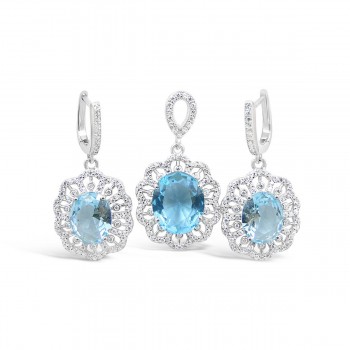 STERLING SILVER SET OVAL AQUA BLUE  GLASS RADIATING CUBIC ZIRCONIA LINES