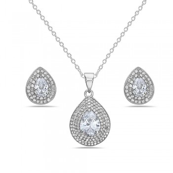 Sterling Silver SET OF TEAR DROP EARRING AND PENDANT CLEAR Cubic Zirconia P