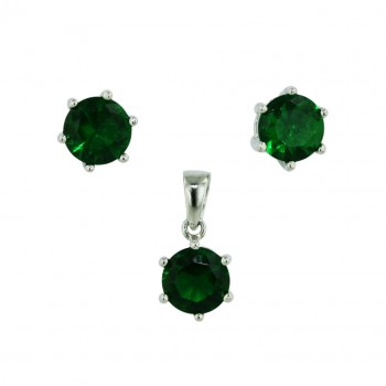 Sterling Silver Set Earring+Pndt Round 6 Prongs Emerald Green Cubic Zirconia 8mm