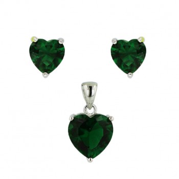 Sterling Silver Pendant 10mm+Earring 8mm Emerald Green Cubic Zirconia Heart with 3 P