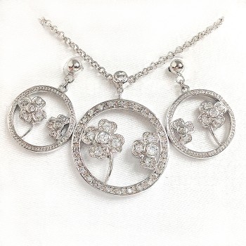 Sterling Silver Necklace+Earring Sets Clear Cubic Zirconia Circle with Clover Leaf