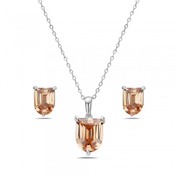 Sterling Silver Pendant (L=10mm) +Earg (L=8mm) Sets Shield Champagne Cubic Zirconia--E-coated
