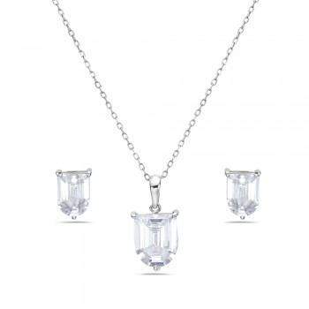 Sterling Silver Pendant (L=10mm) +Earg (L=8mm) Sets Shield Clear Cubic Zirconia--E