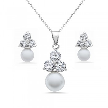 Sterling Silver Pendant 9mm+Earring 6mm White Faux Pearl with Clear Cubic Zirconia Top