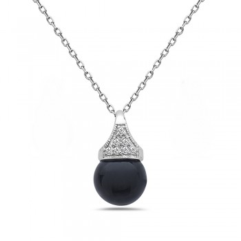 Sterling Silver Pendant 10mm Onyx Latch Ball with Cubic Zirconia